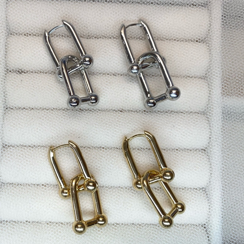 Gold and Silver Plated U Shaped Pin Hoop Earring Chunky Circle Drop Earrings
